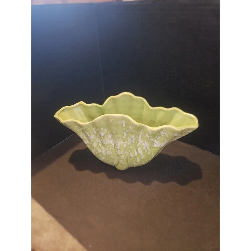 Vintage MCM Decorative Planter Dish Green White Drip Glaze 12.5